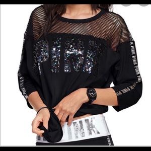 NWT VS Pink Black Sequin Mesh Top XS